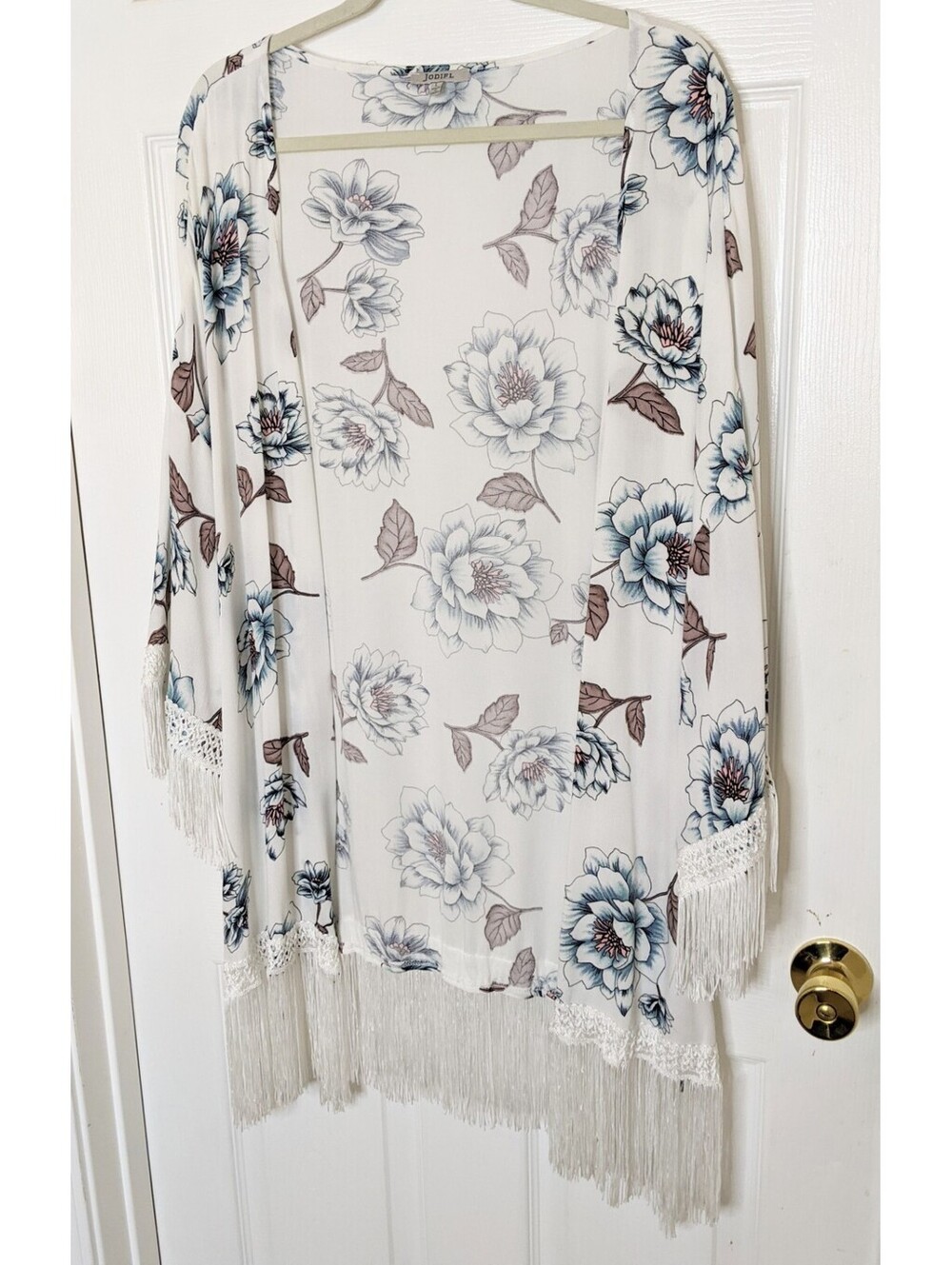 Jodifl Womens Open Kimono Cardigan Fringe Crochet Trim Boho Cottage Hippie Sz Lg